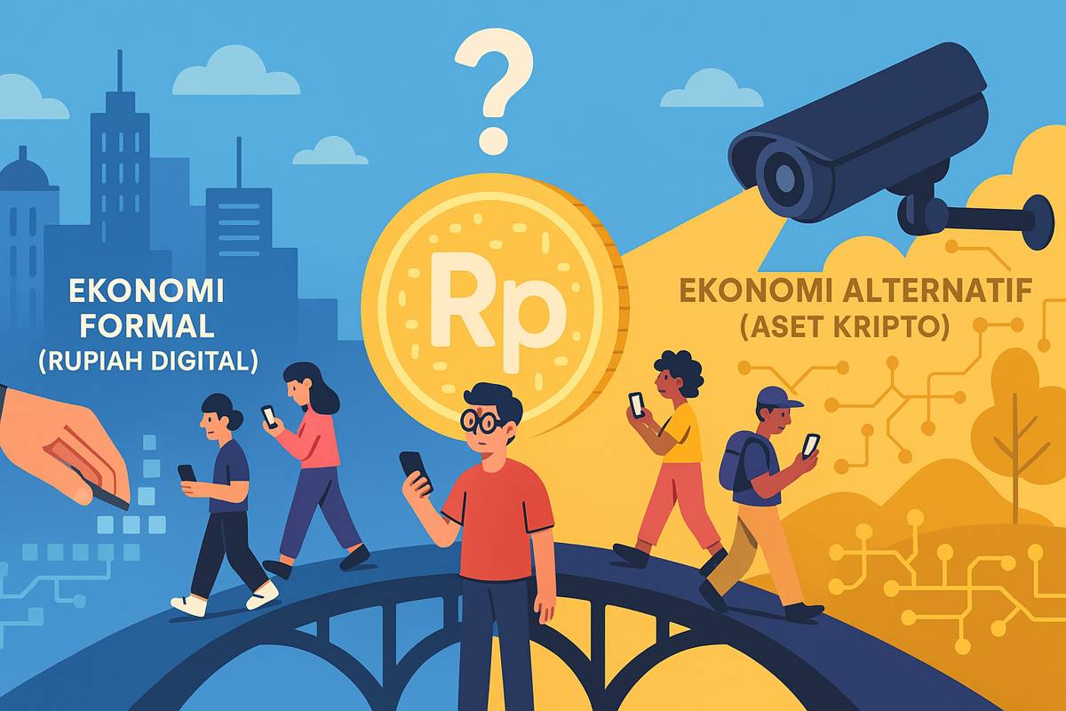 Ilustrasi 2D jembatan yang menghubungkan dunia ekonomi formal (Rupiah Digital) dan ekonomi alternatif (Aset Kripto).