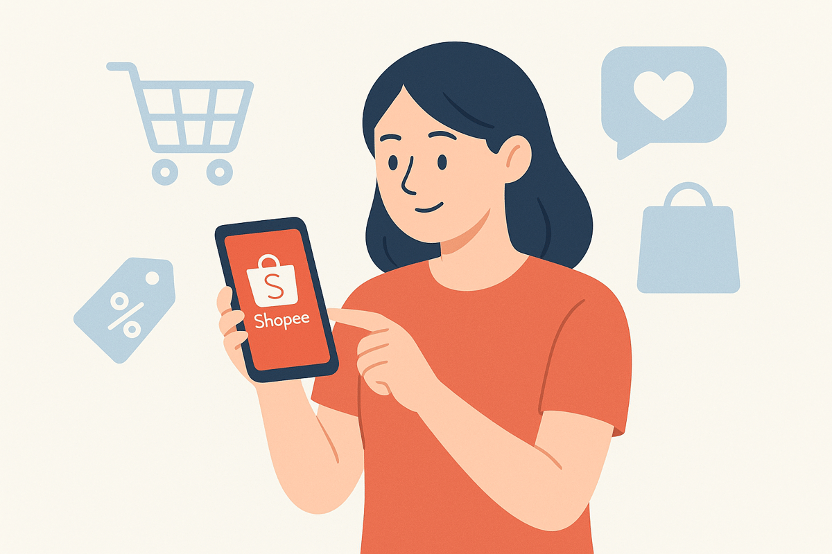 Ilustrasi Gen Z menggunakan aplikasi Shopee untuk berbelanja online.