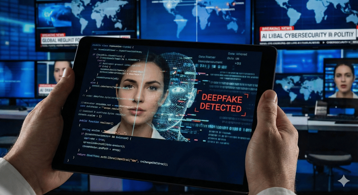 Seseorang sedang memegang tablet yang menampilkan proses pemindaian wajah untuk mendeteksi deepfake