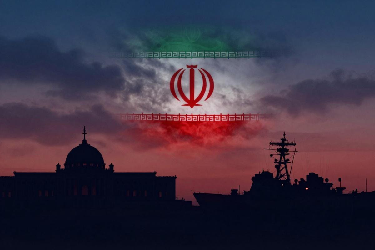 Ilustrasi realistis ketegangan politik Iran dan Amerika Serikat di kawasan Teluk.