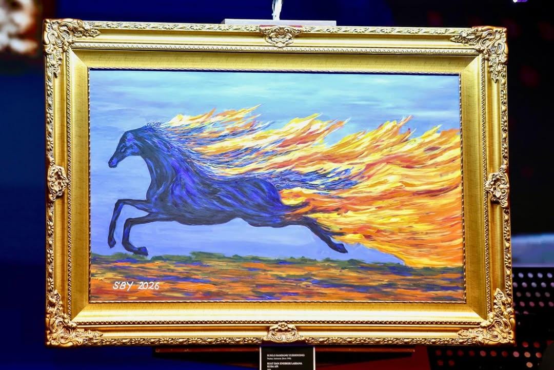 Lukisan berjudul “Kuat dan Energik Laksana Kuda Api” karya Presiden ke-6 Republik Indonesia, Susilo Bambang Yudhoyono (SBY).