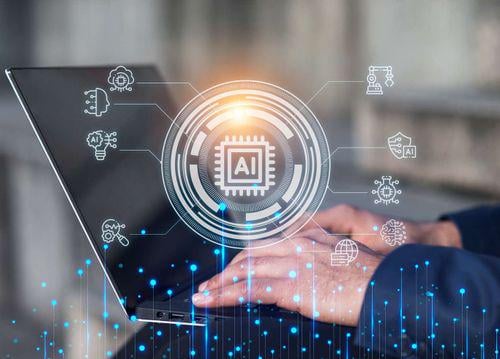 Ilustrasi tangan manusia berinteraksi dengan teknologi AI digital